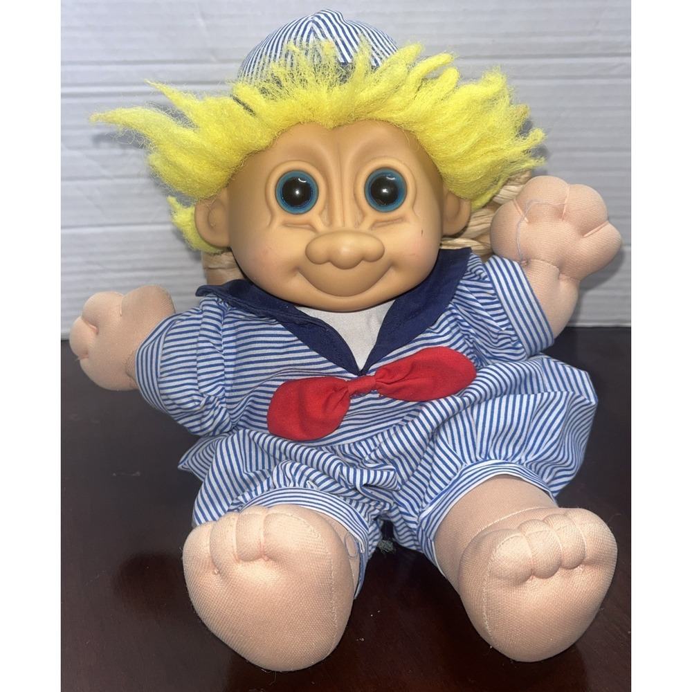 Vintage 90's Russ Troll Doll Yellow Hair Sailor Suit and Hat Stuffed Plush 12"